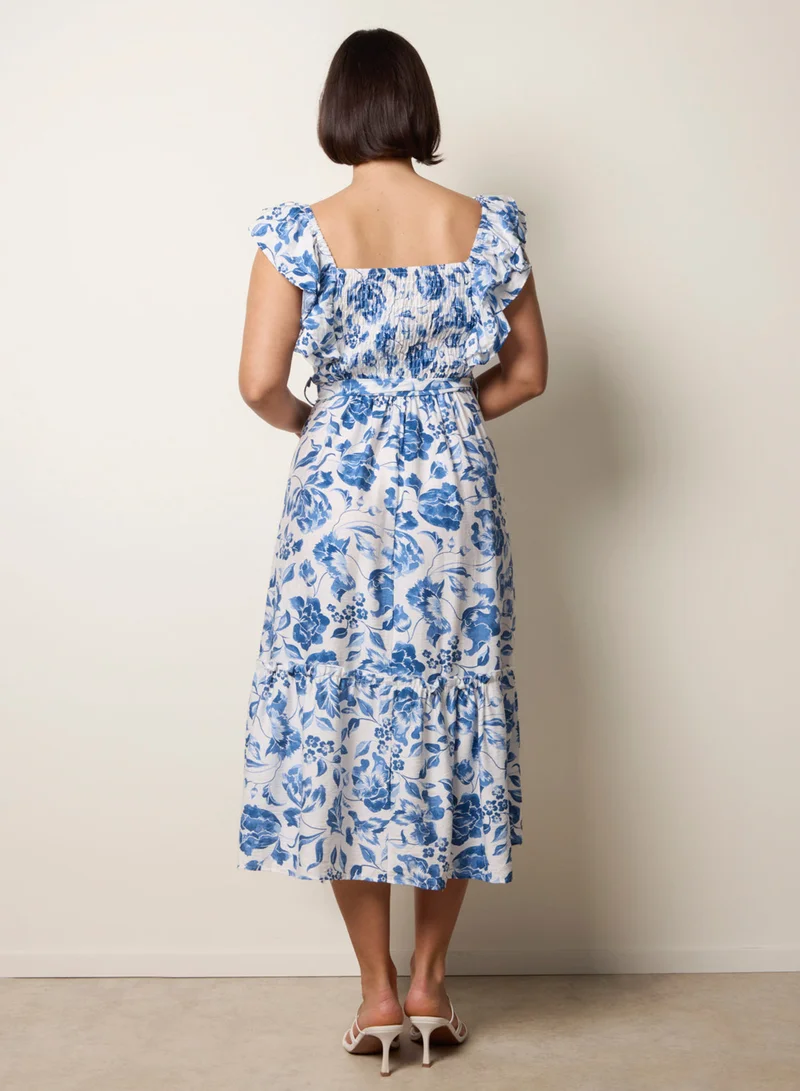 بلو فانيلا Frill Sleeveless Dress With Floral Print